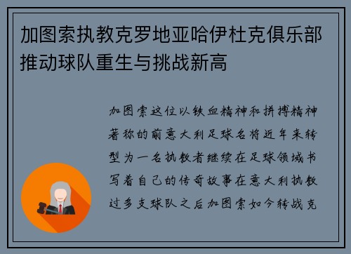 加图索执教克罗地亚哈伊杜克俱乐部推动球队重生与挑战新高