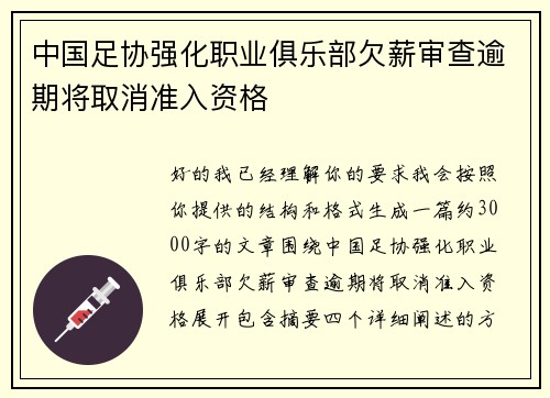 中国足协强化职业俱乐部欠薪审查逾期将取消准入资格 中国足协强化职业俱乐部欠薪审查逾期将取消准入资格